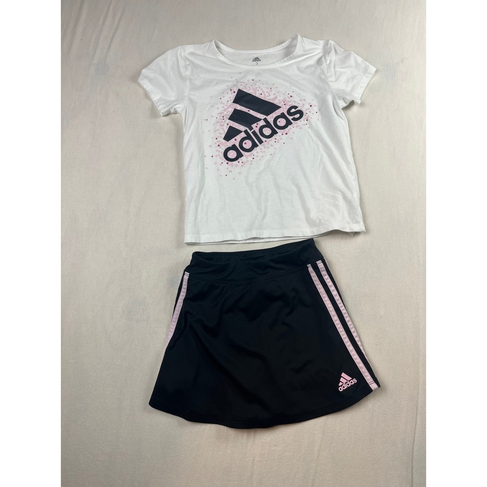 Adidas Girls 2 Piece Set White Graphic Tee Black Pink Stripe Skort Size 7